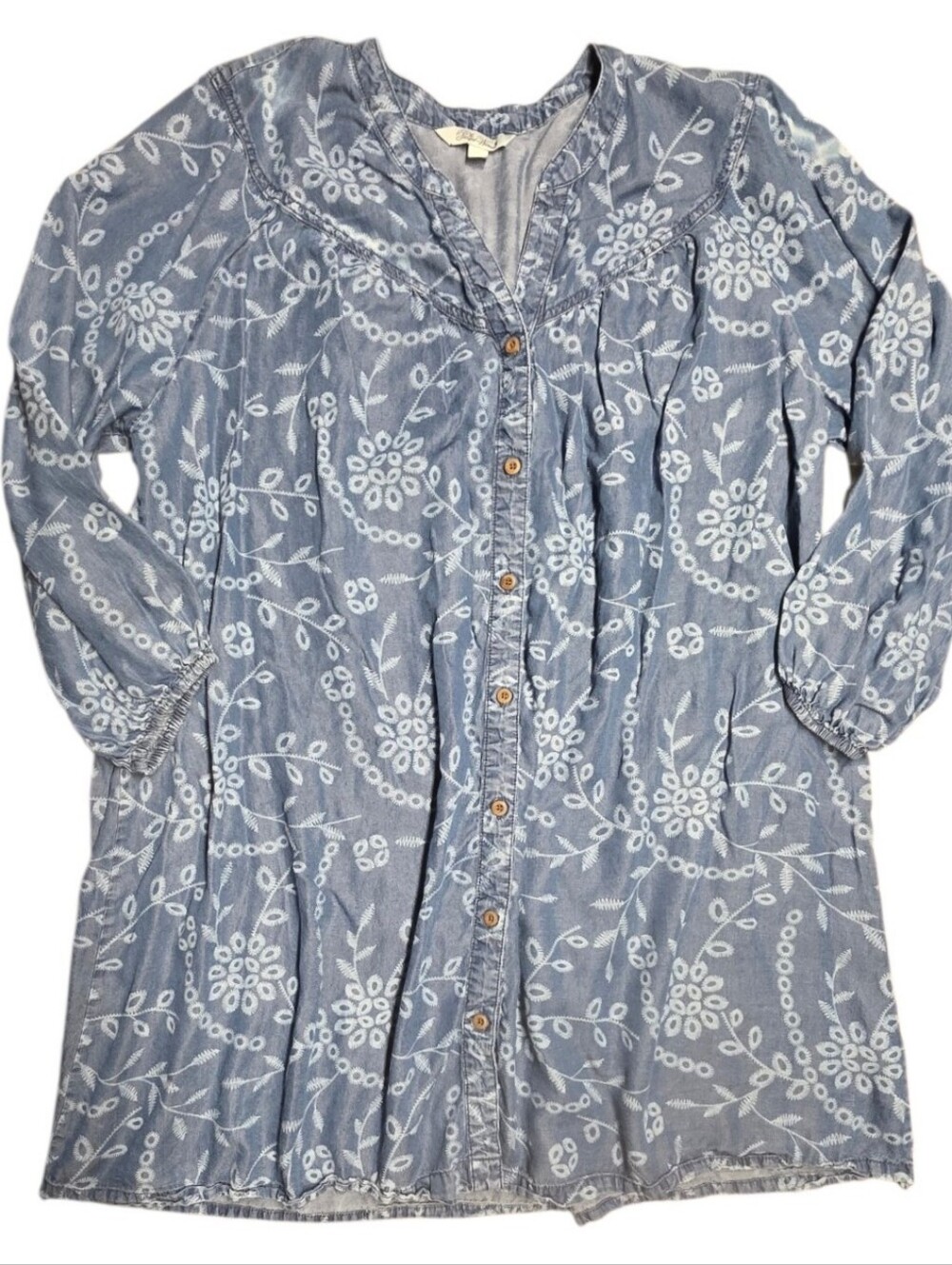 Pioneer Woman Small White Floral On Denim-Look Button-Front V Neck Tunic 16-18